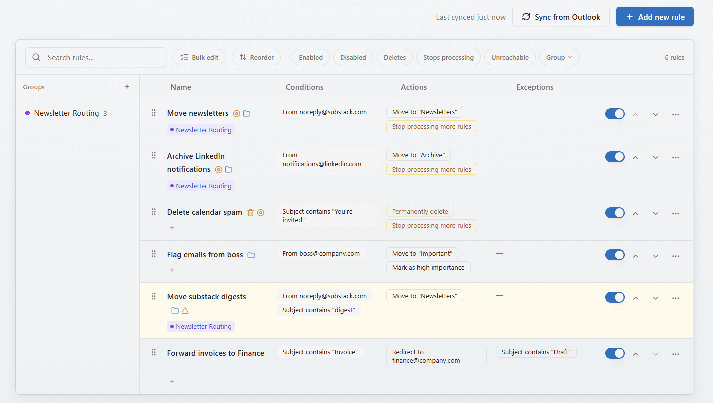 Overrule showing a list of Outlook inbox rules with grouping, conflict detection, and filter controls